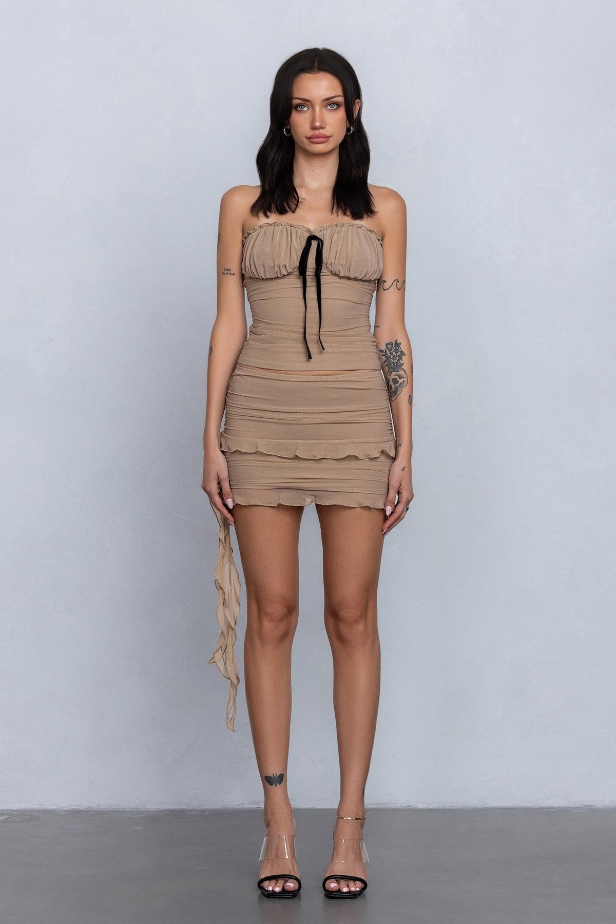 Mesh Ruched Tube Top & Mini Skirt Set Clubwear - Taupe SKIRT SET for women Vacation Outfits Birthday Dresses Going Out Looks