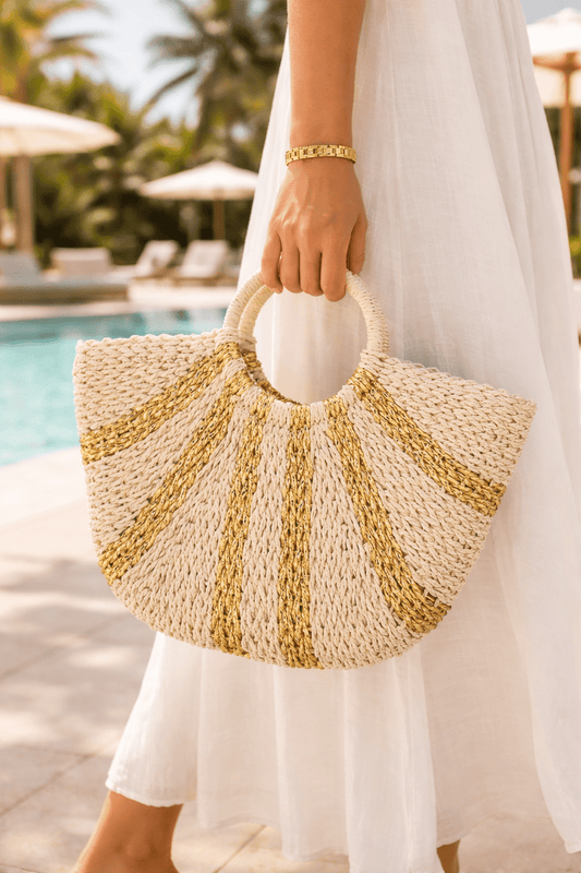 Metallic Detail Woven Raffia Tote – Vacation & Beach Bag for Resort & Summer Outfits - NEUTRAL bag for women Vacation Outfits Birthday Dresses Going Out Looks