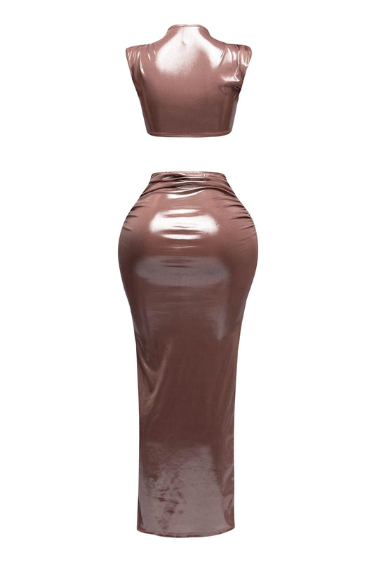 Starlust Metallic Foil Crop Top & Maxi Skirt Set – Birthday Outfit - mocha outfit for women Vacation Outfits Birthday Dresses Going Out Looks