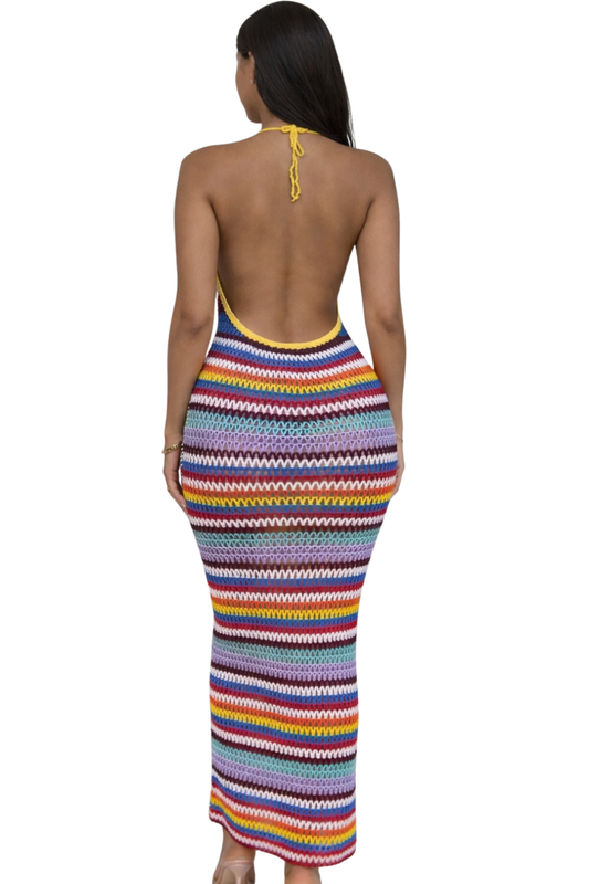 Miami Sunset Crochet Maxi Dress – Vacation & Beach Dinner Dress for Women - Multicolor dress for women Vacation Outfits Birthday Dresses Going Out Looks