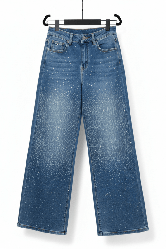 Mid - Rise Baggy Wide - Leg Rhinestone Jeans - Medium Wash Jeans for women Vacation Outfits Birthday Dresses Going Out Looks