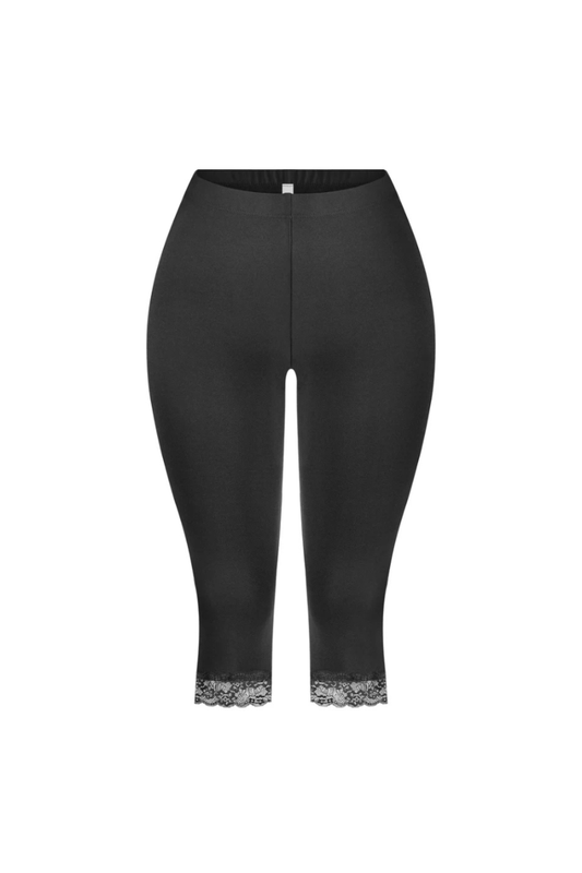 Mid - Waisted Capri Lace Trim Leggings – Made in USA - Black bottoms for women Vacation Outfits Birthday Dresses Going Out Looks