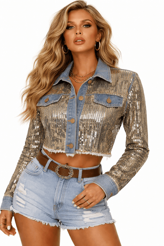 Midnight Rodeo Sequin Denim Jacket – Western Glam Cropped Jacket - Light Wash jacket for women Vacation Outfits Birthday Dresses Going Out Looks