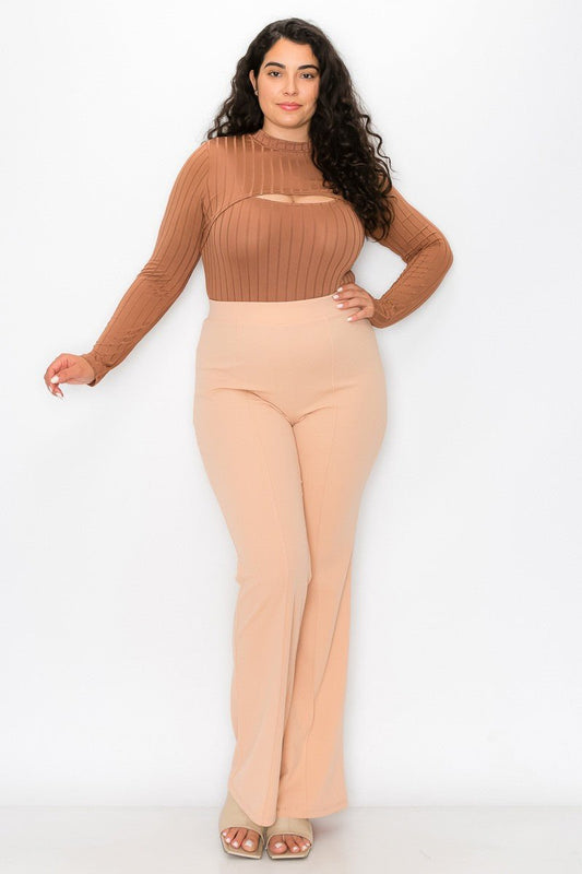 Mocha Plus Vertical Lined Bodysuit with Shrug Top | 2 - Piece Set - mocha crossbody bag for women Vacation Outfits Birthday Dresses Going Out Looks