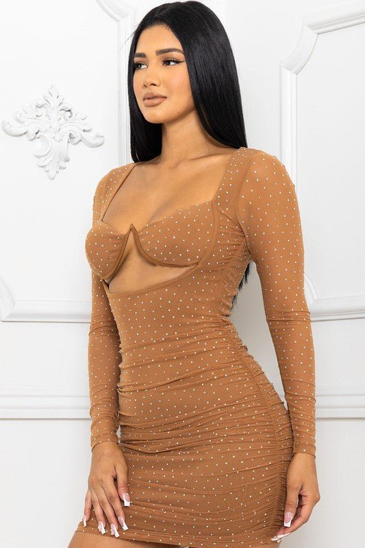 MOCHA RHINESTONE LONG SLEEVE WIRE BUST MESH STRETCH MINI DRESS - mocha DRESS for women Vacation Outfits Birthday Dresses Going Out Looks