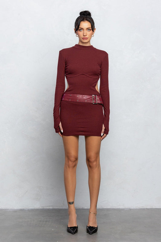 Mock Neck Belted Open Back Mini Knit Dress | Chic Ribbed Knit Style - Red dress for women Vacation Outfits Birthday Dresses Going Out Looks