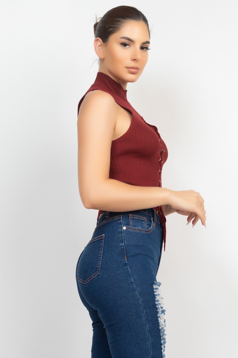 Mock Neck Ribbed Lace - Up Cutout Crop Top – Sleeveless Knit Corset Style - Blaire Shops