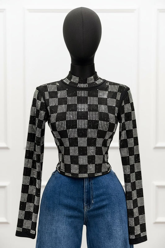 Nightfall Checker Rhinestone Mock - Neck Long Sleeve Top - Black tops for women Vacation Outfits Birthday Dresses Going Out Looks