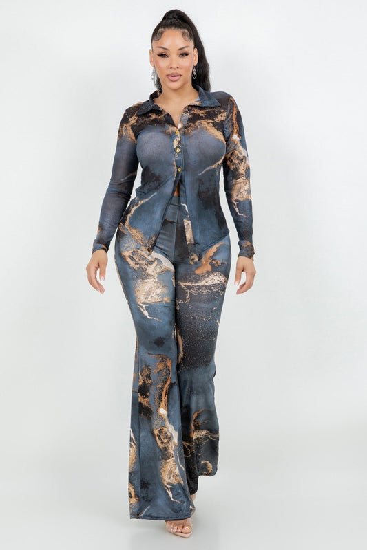 Noir Venencia Mesh Print Collar Top & Pants Set – Luxe 2 Piece Outfit - Grey for women Vacation Outfits Birthday Dresses Going Out Looks