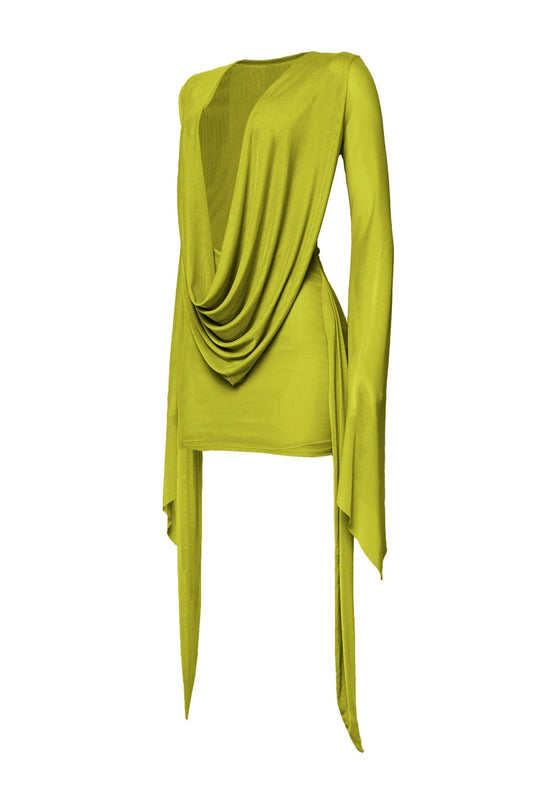 Nyla Midnight Muse Cowl Neck Bell Sleeve Mesh Mini Dress - Lime DRESS for women Vacation Outfits Birthday Dresses Going Out Looks