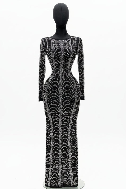 Opulent Black Rhinestone Maxi Gown – Long Sleeve Luxury Event Dress - Black dress for women Vacation Outfits Birthday Dresses Going Out Looks