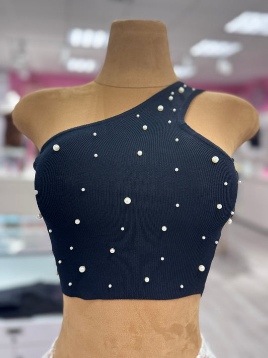 Pamela Pearl Detail Asymmetrical One Shoulder Strap Stretch Crop Top - S Crop Top for women Vacation Outfits Birthday Dresses Going Out Looks