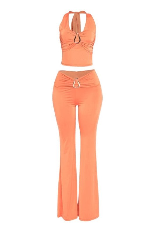 Peachy Geometric Gold Trimmed Halter Top Flare Pant Set - Orange PANT SET for women Vacation Outfits Birthday Dresses Going Out Looks