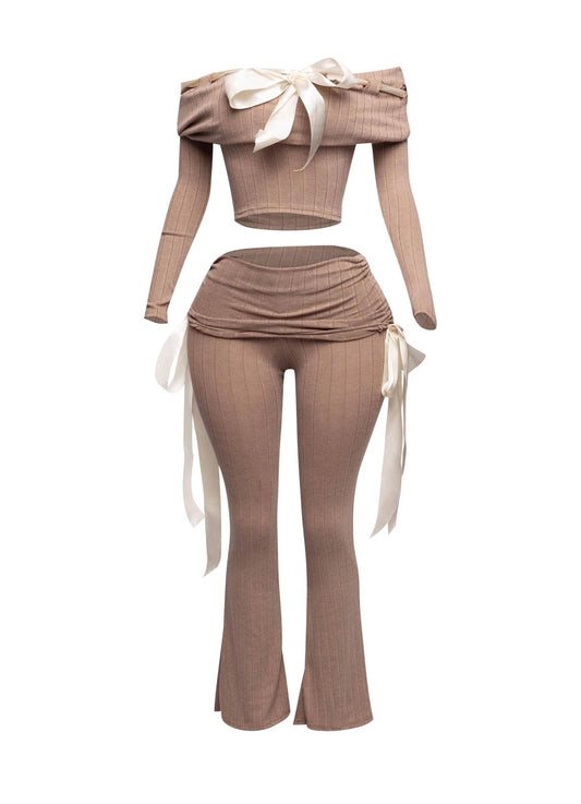 Petite It's A Wrap Pant Set With Off - Shoulder Top, Ribbon Trim, And Wide Leg Style - Unique 2 - Piece Outfit - MOCHA PANT SET for women Vacation Outfits Birthday Dresses Going Out Looks