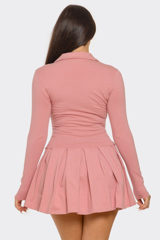 Pink Pleated Mini Dress with Collar & Button - Down Detail – Cotton Spandex Fit - MAUVE dress for women Vacation Outfits Birthday Dresses Going Out Looks