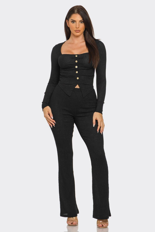 Pleated Button Detail Slit Top & Pants Set – Women’s Two Piece Outfit - Black outfit for women Vacation Outfits Birthday Dresses Going Out Looks
