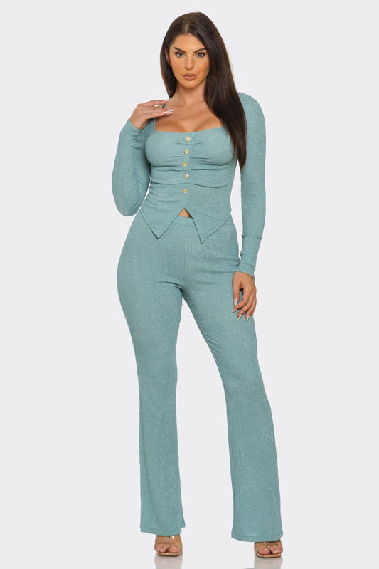 Pleated Button Detail Slit Top & Pants Set – Women’s Two Piece Outfit - Sage outfit for women Vacation Outfits Birthday Dresses Going Out Looks