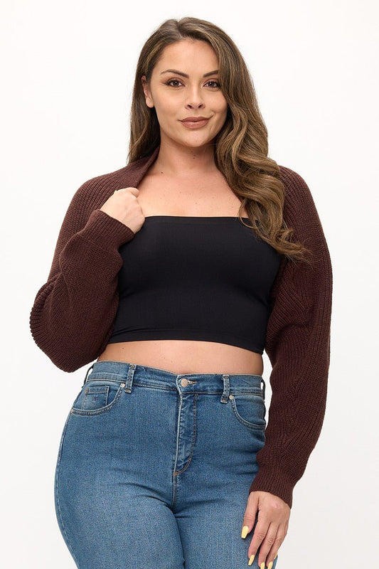 Plus Size Knit Shrug Cropped Cardigan | Everyday Layering Essential - Brown cardigan for women Vacation Outfits Birthday Dresses Going Out Looks