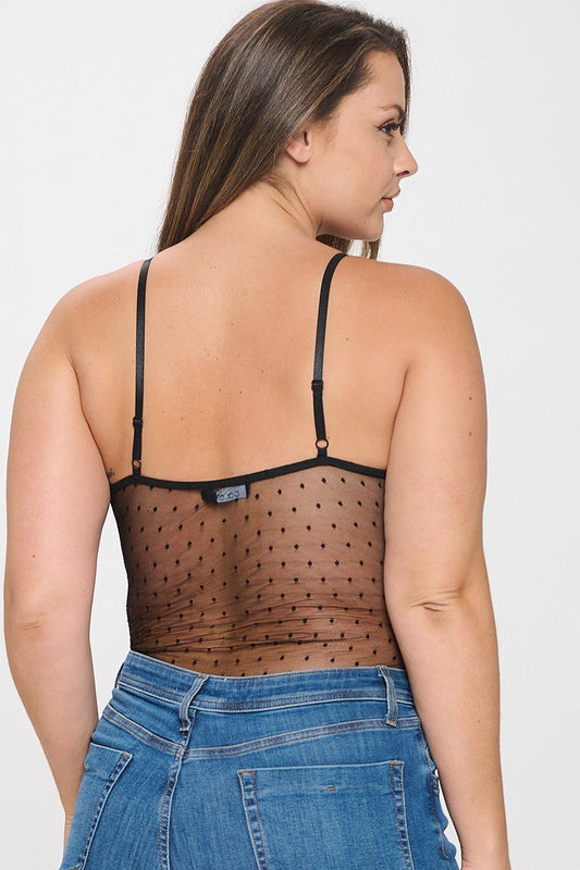 Plus Size Polka Dot Sheer Mesh Bodysuit | Lace Trim One - Piece - Black Bodysuit for women Vacation Outfits Birthday Dresses Going Out Looks