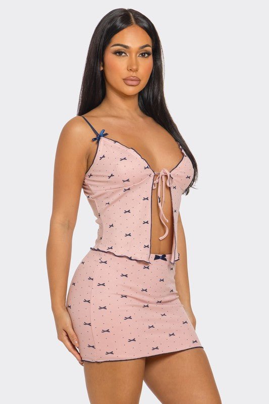 Pretty Bow Mini Skirt and Spaghetti Strap Top Set – Chic Two - Piece Outfit for Women - M SKIRT SET for women Vacation Outfits Birthday Dresses Going Out Looks