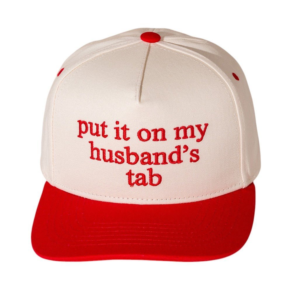 "Put It On My Husband’s Tab" Embroidered Canvas Snapback Cap - Red for women Vacation Outfits Birthday Dresses Going Out Looks