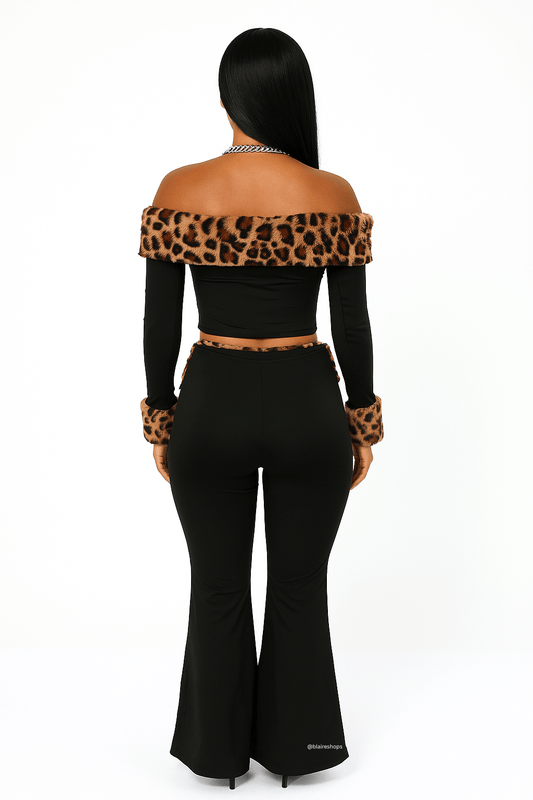 Rhi Leopard Trim Off the Shoulder Long Sleeve Crop Top with Flare Pants Set – 2 Piece Set