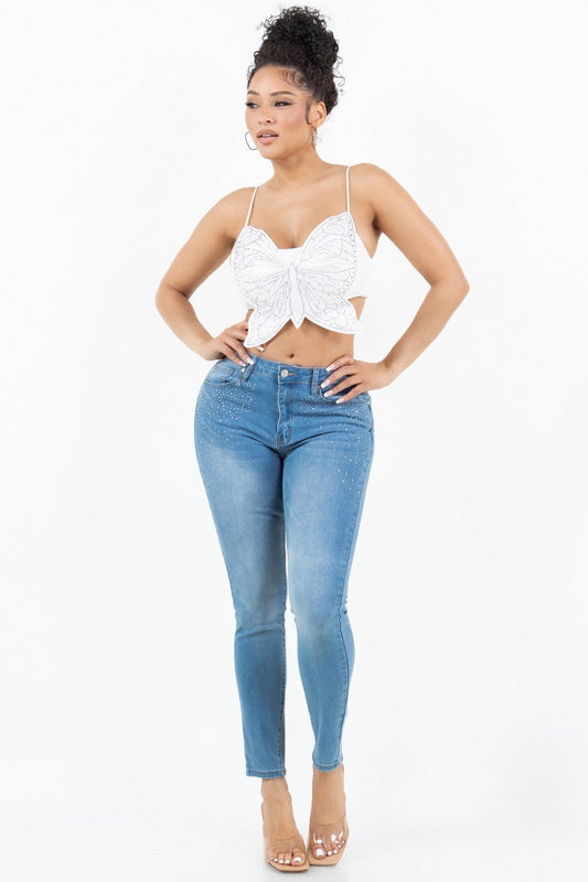 Rhinestone Butterfly Crop Top – Sparkle with Every Move - White top for women Vacation Outfits Birthday Dresses Going Out Looks