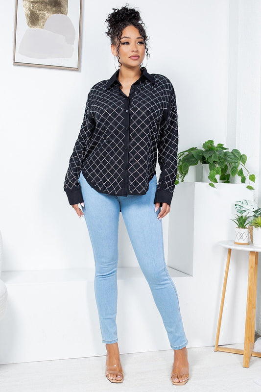 Rhinestone Button - Up Shirt Blouse – Effortless Glam Meets Everyday Comfort - Black top for women Vacation Outfits Birthday Dresses Going Out Looks