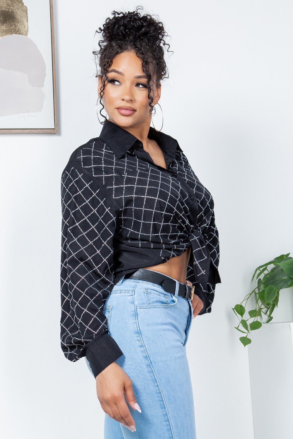 Rhinestone Button - Up Shirt Blouse – Effortless Glam Meets Everyday Comfort - Blaire Shops