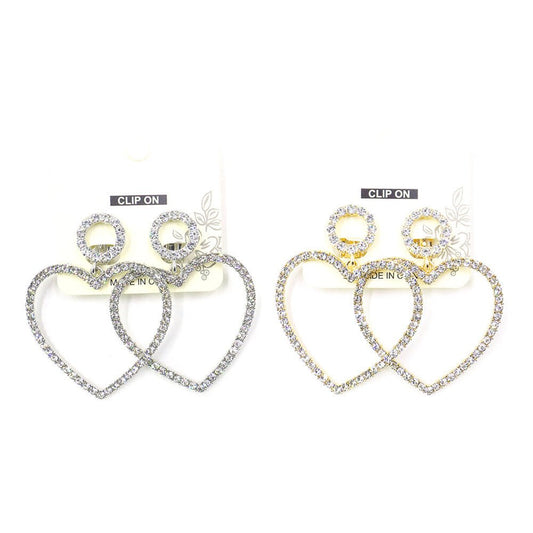 Rhinestone Heart Dangle Clip - On Earrings - Gold for women Vacation Outfits Birthday Dresses Going Out Looks