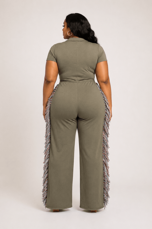 Rodeo Queen Plus Size Fringe Jumpsuit – Wide Leg with Tassel Detail - Olive JUMPSUIT for women Vacation Outfits Birthday Dresses Going Out Looks