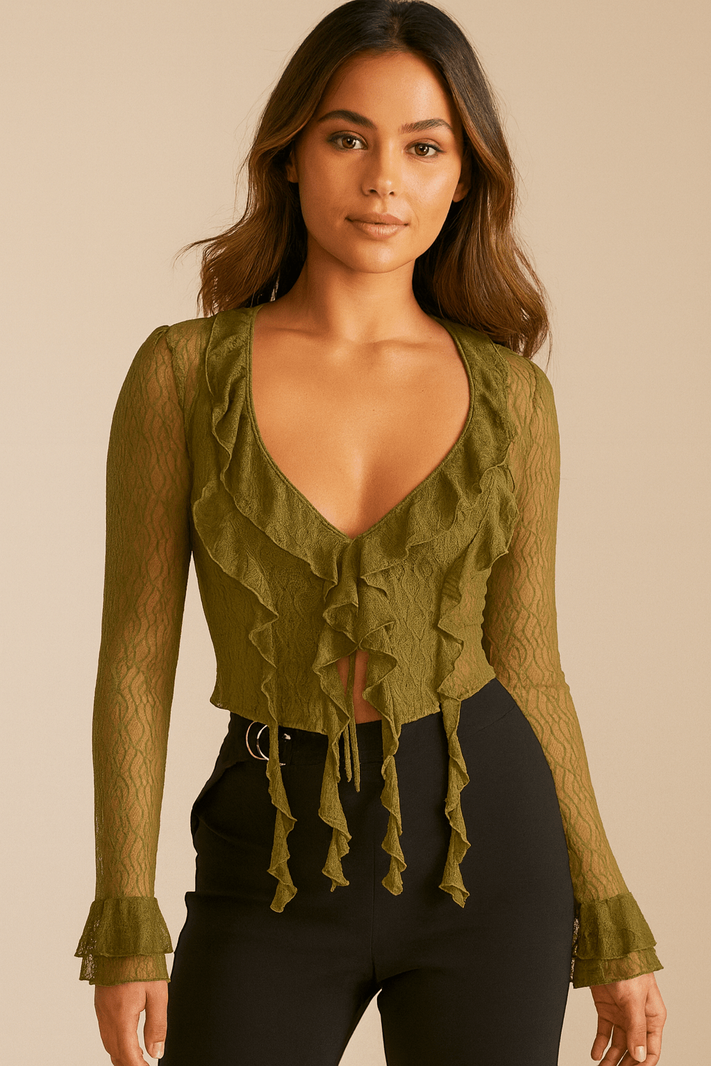 Romantic Ruffle Mesh Top – Sheer Long Sleeve Blouse - Blaire Shops