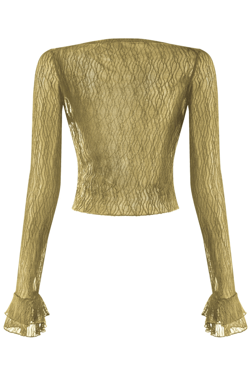 Romantic Ruffle Mesh Top β Sheer Long Sleeve Blouse - Olive top for women Vacation Outfits Birthday Dresses Going Out Looks