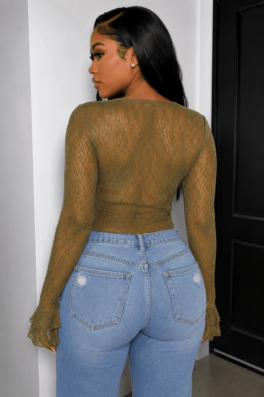 Romantic Ruffle Mesh Top – Sheer Long Sleeve Blouse - Olive top for women Vacation Outfits Birthday Dresses Going Out Looks