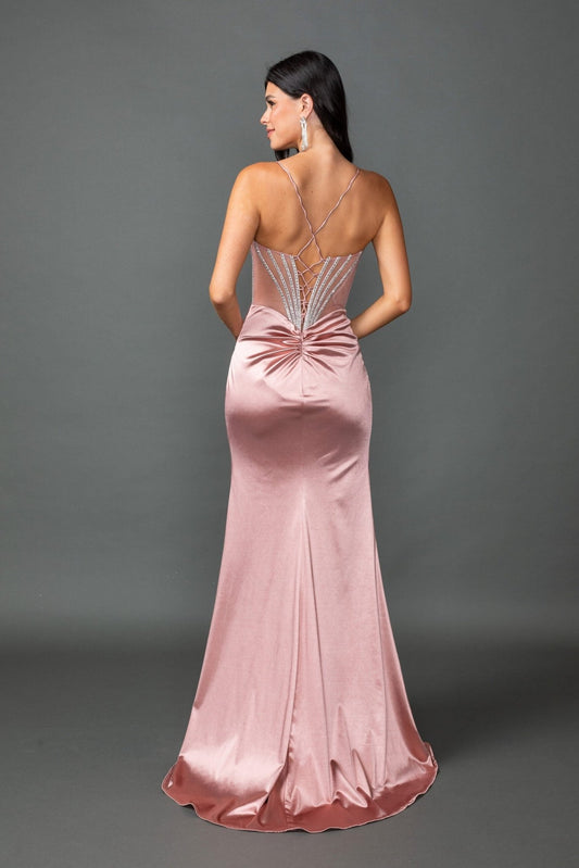 Rosalina Beaded Corset Satin Prom Gown - Rose gold DRESS for women Vacation Outfits Birthday Dresses Going Out Looks
