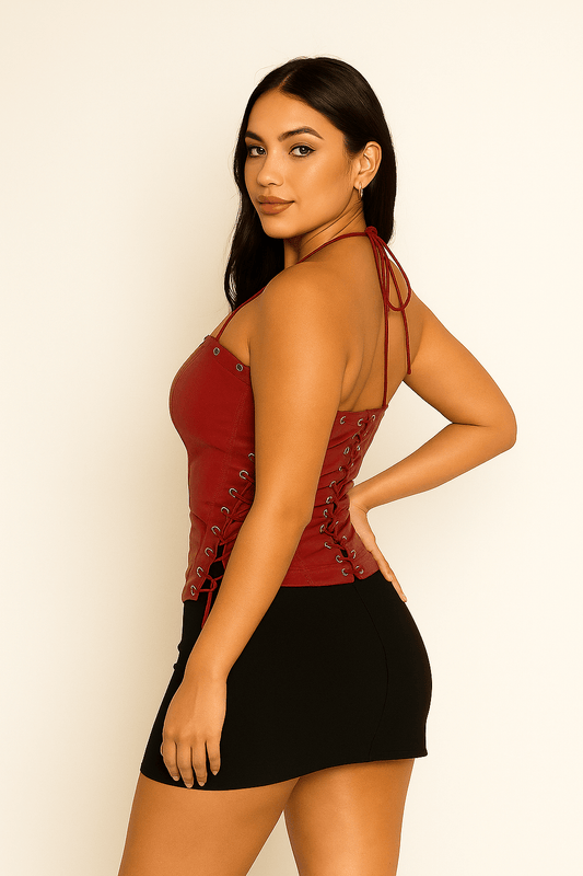 Roxy Lace - Up Halter Corset Top - Red tops for women Vacation Outfits Birthday Dresses Going Out Looks