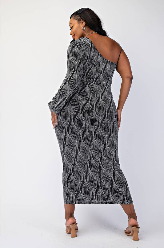 SABRINA PLUS SIZE GLITTER KNIT ONE SHOULDER DRESS WITH CUTOUT - Blaire Shops