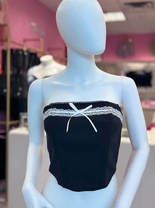 Sabrina Strapless Stretch Corset Top With Bow Detail - S top for women Vacation Outfits Birthday Dresses Going Out Looks