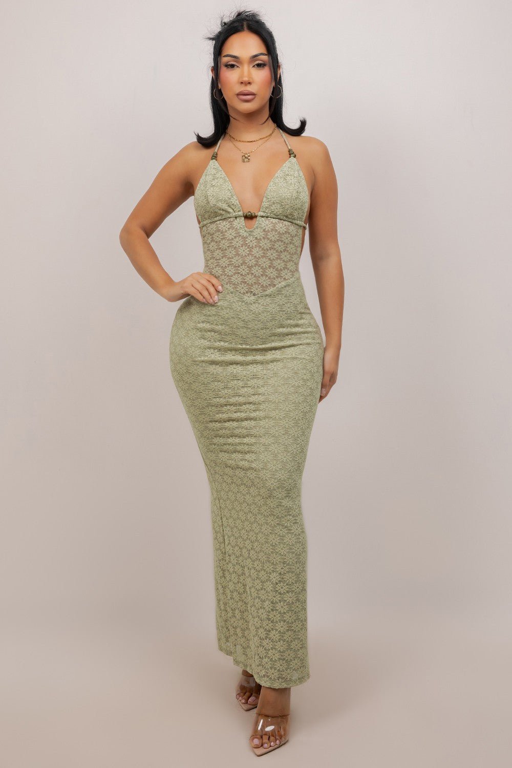 Sage Beaded Halter Lace Maxi Dress With Back Slit - Sage DRESS for women Vacation Outfits Birthday Dresses Going Out Looks