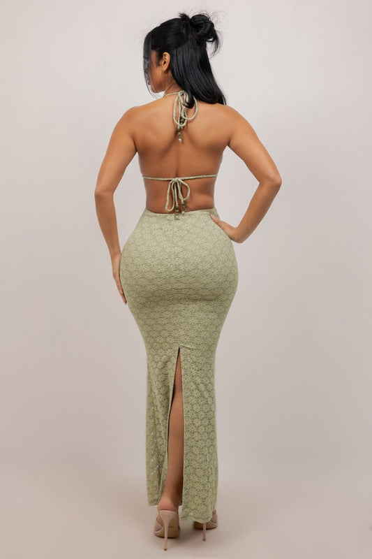 Sage Beaded Halter Lace Maxi Dress With Back Slit - Sage DRESS for women Vacation Outfits Birthday Dresses Going Out Looks