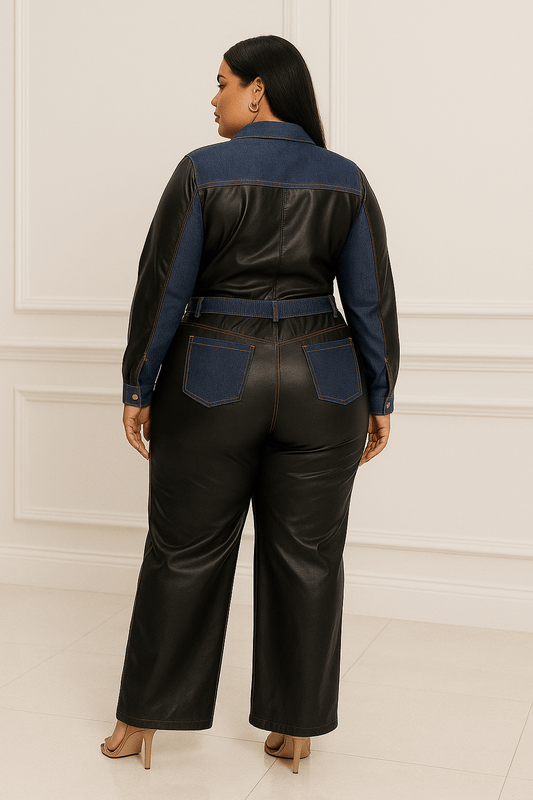 Samara Plus Size Denim Contrast Jacket And Pant Set - Black for women Vacation Outfits Birthday Dresses Going Out Looks