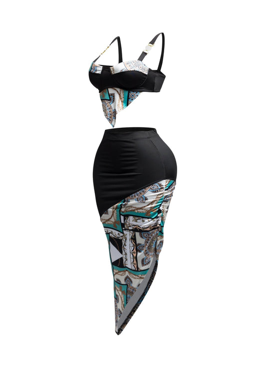 Santorini Contrast Fabric Top And Asymmetrical Skirt - Black SKIRT SET for women Vacation Outfits Birthday Dresses Going Out Looks