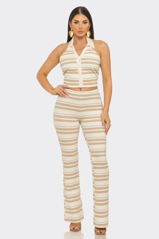 Santorini Stripe Halter Crop Top & Flare Pants Set – Vacation Outfit - Tan outfit for women Vacation Outfits Birthday Dresses Going Out Looks