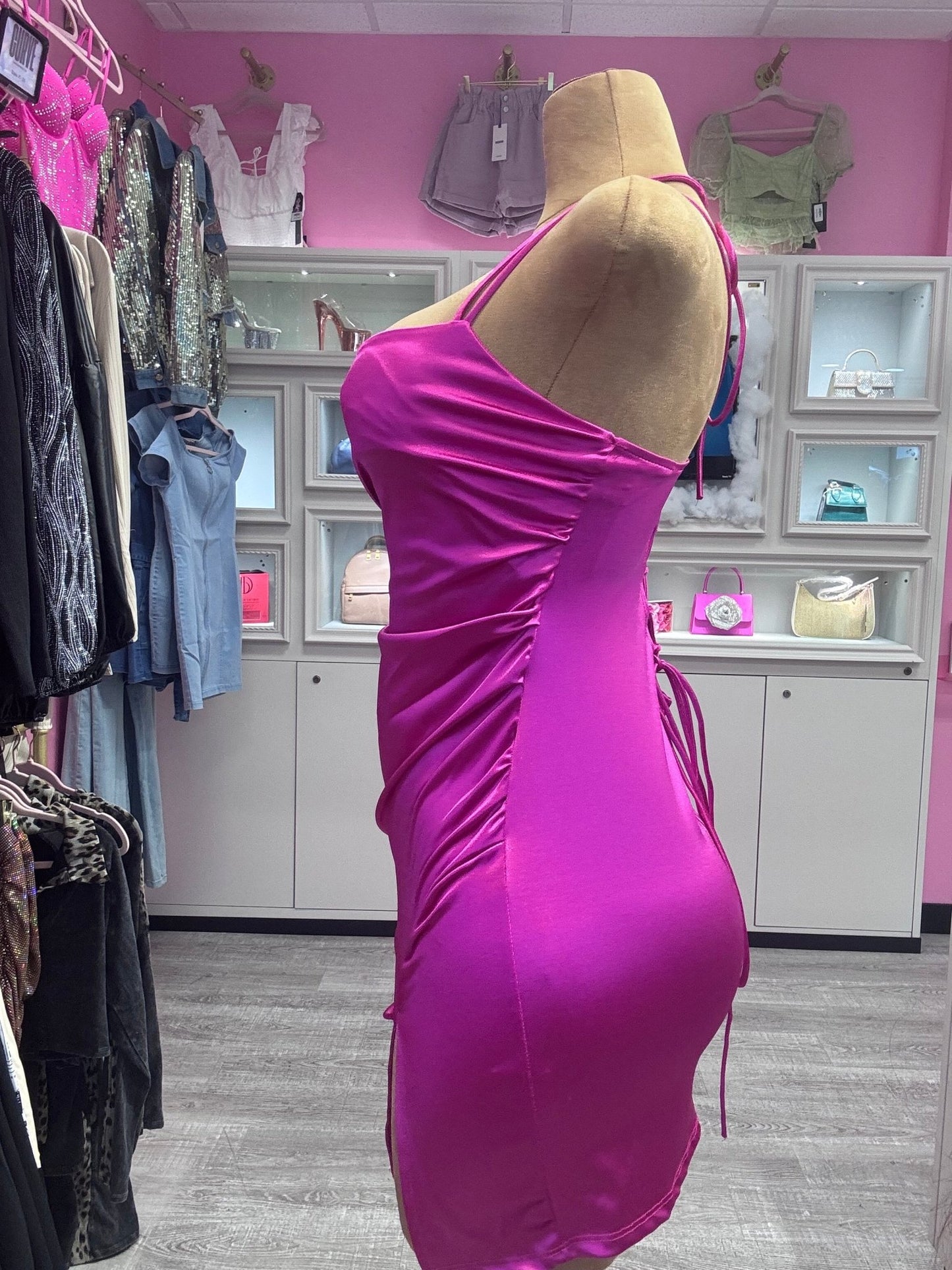 Sasha Satin Cupids Kiss Mini Dress With Tie Back Detail - Blaire Shops