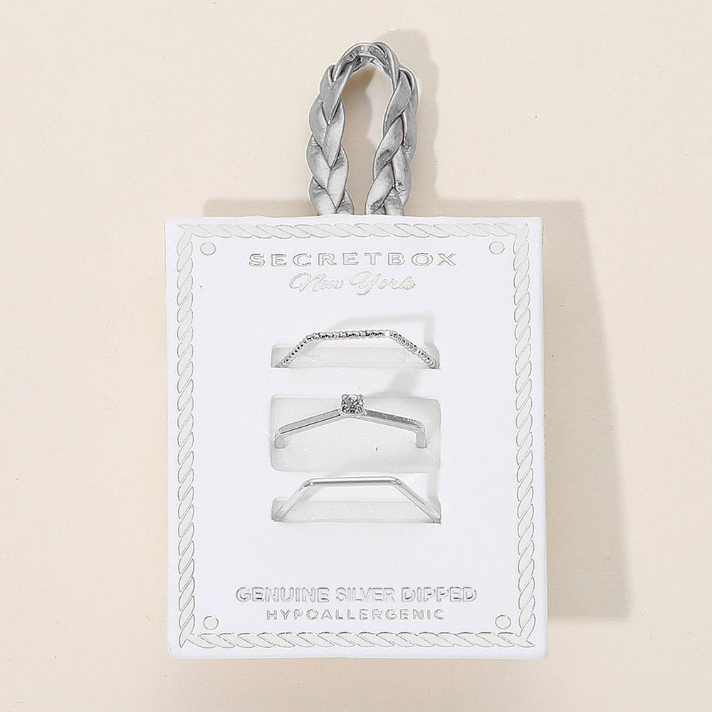 SECRET BOX™ 3PCS Genuine Silver Dipped Dainty Geometric Stackable Ring Set