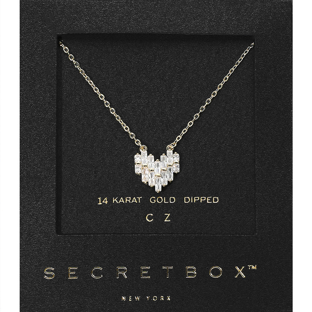 Secret Box™ CZ Stone Paved Heart Pendant Necklace – 14k Gold Dipped or Sterling Silver Dipped