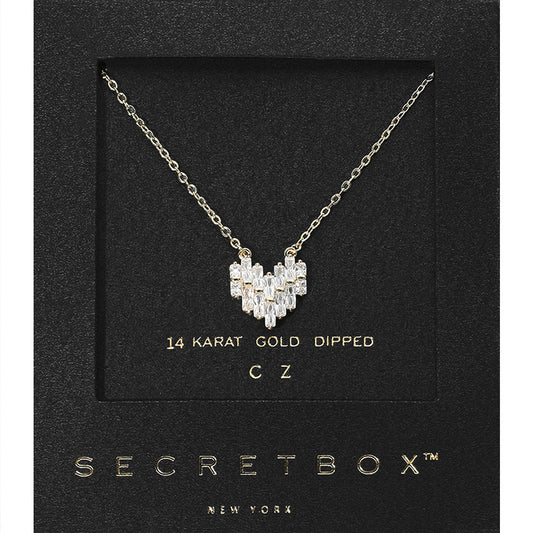 Secret Box™ CZ Stone Paved Heart Pendant Necklace – 14k Gold Dipped or Sterling Silver Dipped - Gold Necklace for women Vacation Outfits Birthday Dresses Going Out Looks