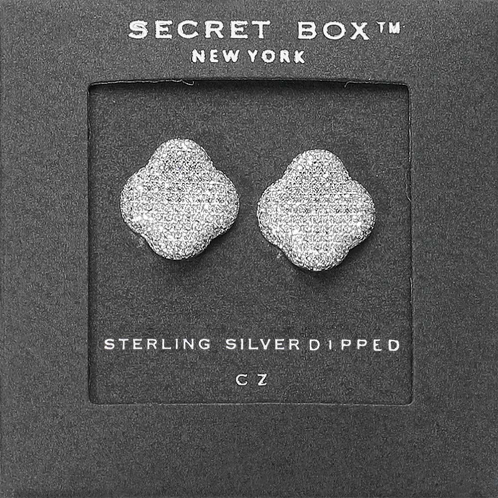 Secret Box™ Sterling Silver Dipped CZ Stone Paved Quatrefoil Stud Earrings - Silver EARRINGS for women Vacation Outfits Birthday Dresses Going Out Looks