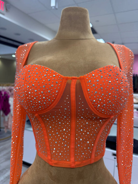 Seline Corset Mesh Long Sleeve Rhinestone Top - Orange top for women Vacation Outfits Birthday Dresses Going Out Looks