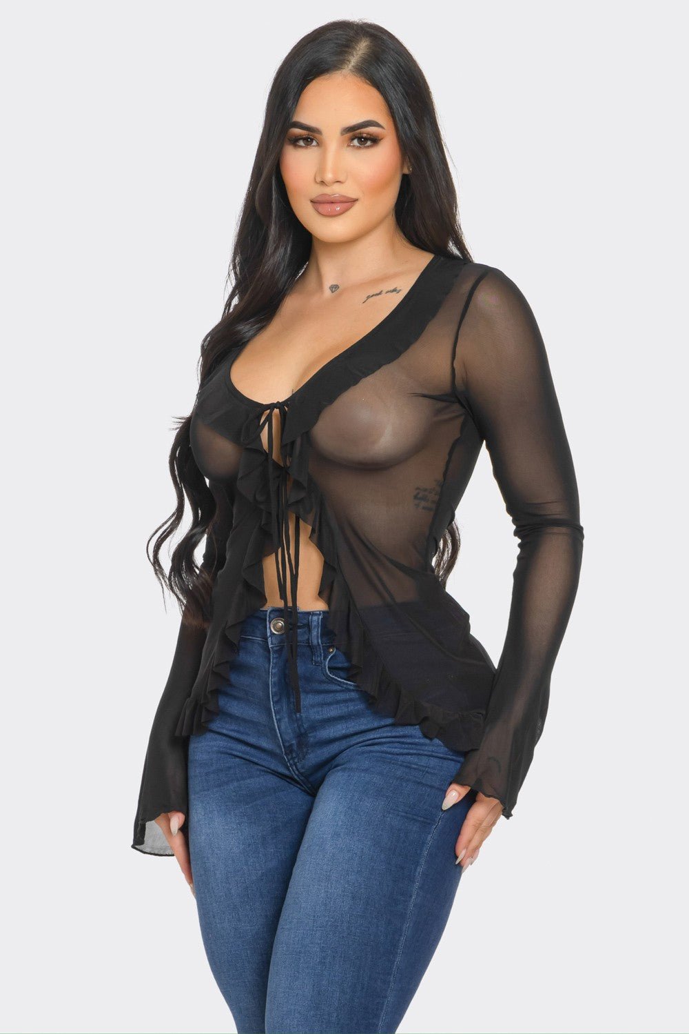 Selma Sheer Long Sleeve Front Tie Cardigan With Ruffle - Blaire Shops